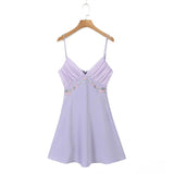 Yidouxian 2024 Women Floral Embroidery Purple Sling Mini Dress Sexy Backless V Neck Female Summer Dress Holiday Robe LDZZ7038