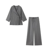 Yidouxian Women Fashion With Tied Loose Kimono Blouses And High Elastic Waist Straight Pants Female Two Piece Sets Mujer