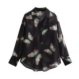 Yidouxian New 2024 Women Butterfly Print Shirt Long Sleeve Lapel Collar Ladies Casual Chiffon Blouse Loose Blusas Mujer