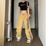 Yidouxian Streetwear Women Stripe Cargo Pants Summer Fashion Big Pocket Loose Wide Leg Pants Y2K High Waist Female Hip Hop Trousers