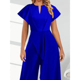 Yidouxian Women's Fashion Elegant Jumpsuit Wide Leg Pants Solid Color V-neck Short Sleeved Irregular Wide Leg Pants Jumpsuit