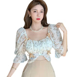 Yidouxian Clothes Women Flower Lace Short Women's T-Shirt Square Neck Bubble Sleeves Chiffon Tops