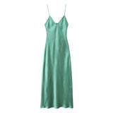 Yidouxian New Women Green Satin Midi Spaghetti Strap Sexy Dresses Chic Backless V Neck Female Party Vestidos