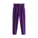 Yidouxian ZRN-Women's High Waist Zipper Fly Ankle Trousers with Belt, Office Wear Pants, Side Pockets, Female Fashion