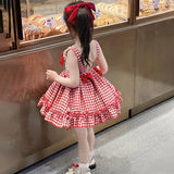 Yidouxian Pleated Tutu Skirt Summer Party Clothes Bow Lace Girls Plaid Printing Sleeveless Dress