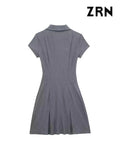 Yidouxian ZRN-Women's Front Zipper Pleated Mini Dress, Shirt Collar, Short Sleeves, Female Dresses, Fashion