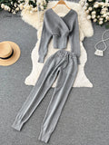 Yidouxian Winter Casual Knitted Two Pieces Suits V Neck Long Sleeve Sweater+ Elastic Casual Long Pants Sets Women Sweater Sets