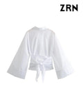 Yidouxian ZRN-Women's Long Sleeve Kimono Blouses With Bow Tie, Front Button, Female Shirts, Chic Tops, Fashion