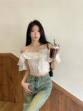 Yidouxian French Style White Shirt Ruffle Slash Neck Off Shoulder Short Shirts Women 2024 Summer Slim Crop Top Ins Fashion Blouse