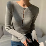 Yidouxian Basic Grey Sweater Women Autumn Hollow Buttons Slimming Pull Femme Casual Fashion Long Sleeve Tops Knitwear Clothes