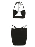 Yidouxian Women's Three-Piece Clothes Beachwear Outfits Halterneck Sleeveless Hollow Out Bra Tops + Thong + Skirt Bikinis Set