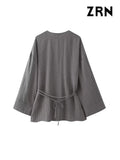 Yidouxian ZRN-Women's Textured Crossover Kimono Blouses, Side Ties, Long Sleeves, Loose, Female Shirts, Chic Tops, Fashion