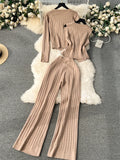 Yidouxian Senior Knitted Suits Fashion Metal Button Vest+V Neck Long Sleeves Cardigans+Wide Legs Pants Stripe Three Pieces Sets