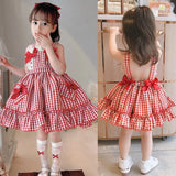 Yidouxian Pleated Tutu Skirt Summer Party Clothes Bow Lace Girls Plaid Printing Sleeveless Dress