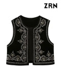 Yidouxian Women Fashion With Sequin Floral Embroidery Crop Waistcoat Vintage O Neck Sleeveless Female Outerwear Chic Vest Tops