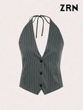 Yidouxian ZRN-Women's Front Button Striped Halter Neck Tank Tops, Sexy Backless With Bow Tie, Female Camis, Fashion