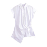 Yidouxian Poplin Shirts for Women, Front Knot with Ties, Short Sleeve, Button-up, Female Blouses, Chic Tops, Fashion