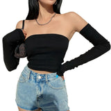 Yidouxian Crop Tops T-shirts, Solid Color Boat Neck Off Shoulder Sexy Tops Pullover with Long Sleeves for Summer Club Wear