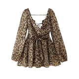 Yidouxian ZRN-Women's Leopard Print Backless Mini Dress with Belt, Long Hollow Out Sleeves, Female Dresses, Sexy Fashion