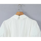 Yidouxian Summer Women Vintage Puff Sleeve Lapel Collar White Mini Dress Tie Bow Sashes Pleated Hem Female Cotton Robe