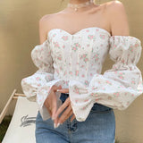 Yidouxian Shirt Off Shoulder Bubble Long Sleeve Crop Top Women's Slim Blouse Korean Fashion Corset