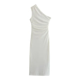 Yidouxian Elegant Women White Draped Asymmetric Midi Dress Party Vestidos