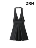 Yidouxian ZRN-Women's Backless Bow Mini Halter Dress, V Neck, Sleeveless, Female Dresses, Sexy Fashion