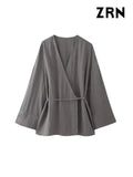 Yidouxian ZRN-Women's Textured Crossover Kimono Blouses, Side Ties, Long Sleeves, Loose, Female Shirts, Chic Tops, Fashion