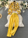 Yidouxian Fashion Printed Suits Women Bow Collar Lantern Sleeve Floral Blouse+Belt Solid Long Pants Streetwear Senior Sets
