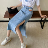 Yidouxian Skirts Women A-line Solid Slim Side Slit Long High Waist Denim Skirt Wrap Hip Streetwear