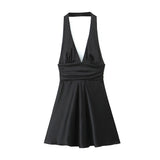 Yidouxian ZRN-Women's Backless Bow Mini Halter Dress, V Neck, Sleeveless, Female Dresses, Sexy Fashion