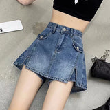 Yidouxian Women Denim Shorts Korean Retro Casual Streetwear Slim Split Shorts Summer All Match High Waist Female Pants Skirt