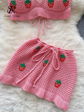 Yidouxian Strawberry Sweet Beach Two Pieces Sets Halter Backless Camis+Short Skirts Fashion Hook Flower Hollow Out Beach Suits