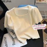 Yidouxian Simple Casual T Shirt Women Puff Short Sleeve Square Neck Knit Tops Ladies Summer New White T-shirt Ropa De Mujer