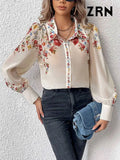 Yidouxian ZRN-Women's Floral Print Shirts, Semi Sheer, Long Sleeve, Button-up Tops, Female Blouses, Chic Fashion