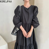 Yidouxian Vintage Simple Dress Women Autumn Solid Casual O-neck Puff Sleeve High Waist Black Vestidos Korea Chic 2024 New