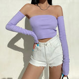 Yidouxian Crop Tops T-shirts, Solid Color Boat Neck Off Shoulder Sexy Tops Pullover with Long Sleeves for Summer Club Wear