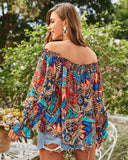 Yidouxian Women Off Shoulder Shirt Blouse Floral Print Casual Long Sleeve Tops T-Shirt V Neck Loose Women Blouse