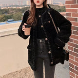 Yidouxian Thickening Plus Velvet Plus Size Tweed Jackets For Women Winter O-neck Single Breasted Coats Temperament Loose Outerwear