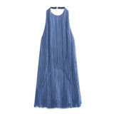 Yidouxian 2024 Women Blue Sexy Backless Halter Short Fringed Dress