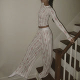 Yidouxian Women's Y2K Retro Vintage 2Pcs Pajamas Set Outfits Mini Dot/Floral Print Long Sleeve Tops +Long Pants Loungewear Suit