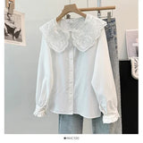 Yidouxian Lace Peter Pan Collar White Shirt Female Spring Autumn 2024 New French Temperament Joker Bottoming Shirts Womens Tops