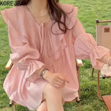 Yidouxian Gentle Pink Shirt Elegant French Style Ruffled V Neck Sweet Blouse Outwear Korean Fashion Clothing Solid Womens Tops