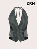 Yidouxian ZRN-Women's Front Button Striped Halter Neck Tank Tops, Sexy Backless With Bow Tie, Female Camis, Fashion