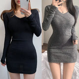 Yidouxian Autumn/Winter Dress Solid V-neck Slim Fit Sexy Wrap Hip Elastic Long Sleeve Dress