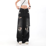 Yidouxian Women High Waist Jeans Vintage Female Ripped Streetwear Wide Leg Pants American Style Casual Straight Denim Trousers