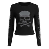 Yidouxian Women Goth T-shirts Crop Tops Spring Autumn Vintage Clothes y2k 2000s Slim Skull Printed Long Sleeve Tops Female Clothing