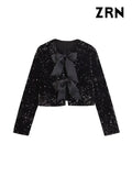 Yidouxian ZRN-Women's Long Sleeve Sequined Cropped Jacket, O Neck Coat, Female Outerwear, Chic Tops, Bow Tied