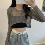 Yidouxian Out T Shirts Women Korean O Neck Loose Sunscreen Fashion All Match Tees Summer Long Sleeve Solid Thin Crop Tops