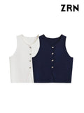 Yidouxian ZRN-Women's Front Button Cropped Knit Vest Sweater, V Neck, Sleeveless, Female Waistcoat, Chic Tops, Fashion